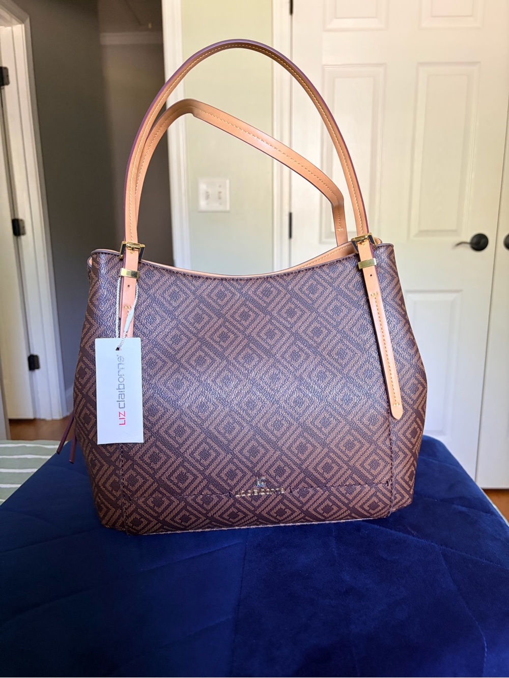 Liz Claiborne Brown Patterned Shoulder Tote with Tan Straps